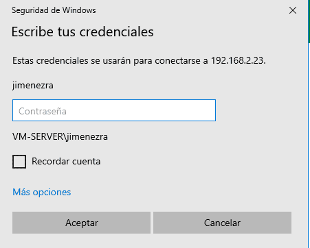 Ingreso de credenciales para conexión Windows Logon RDP