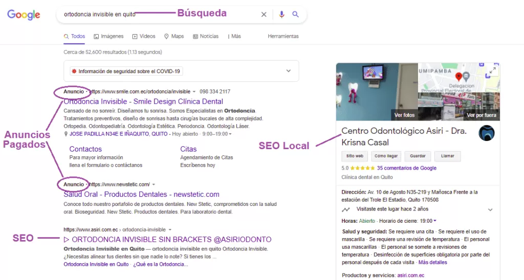 Búsquedas de Google: Ejemplo de Anuncios de Pago y Posicionamiento SEO